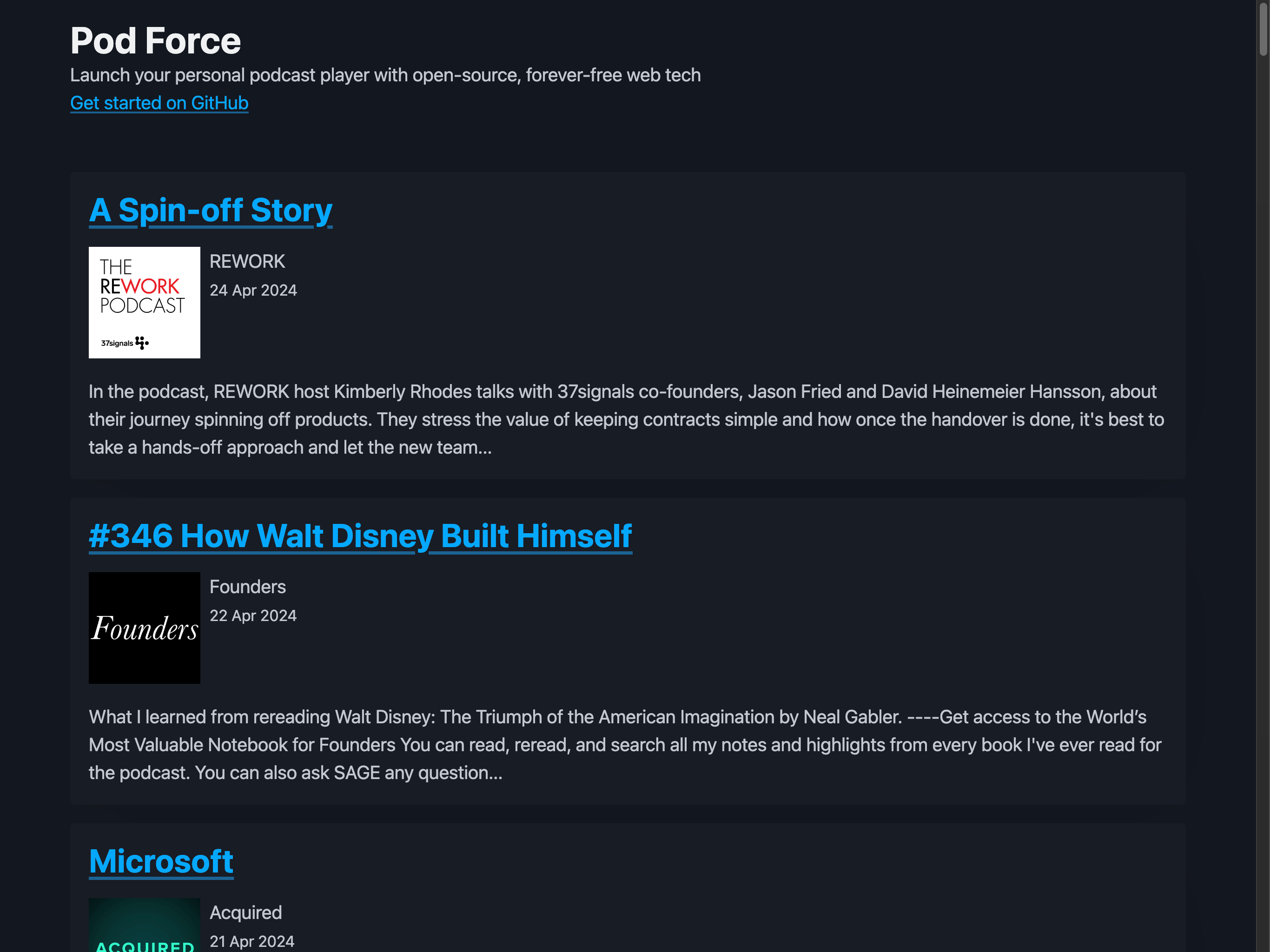 Pod Force podcast player interface