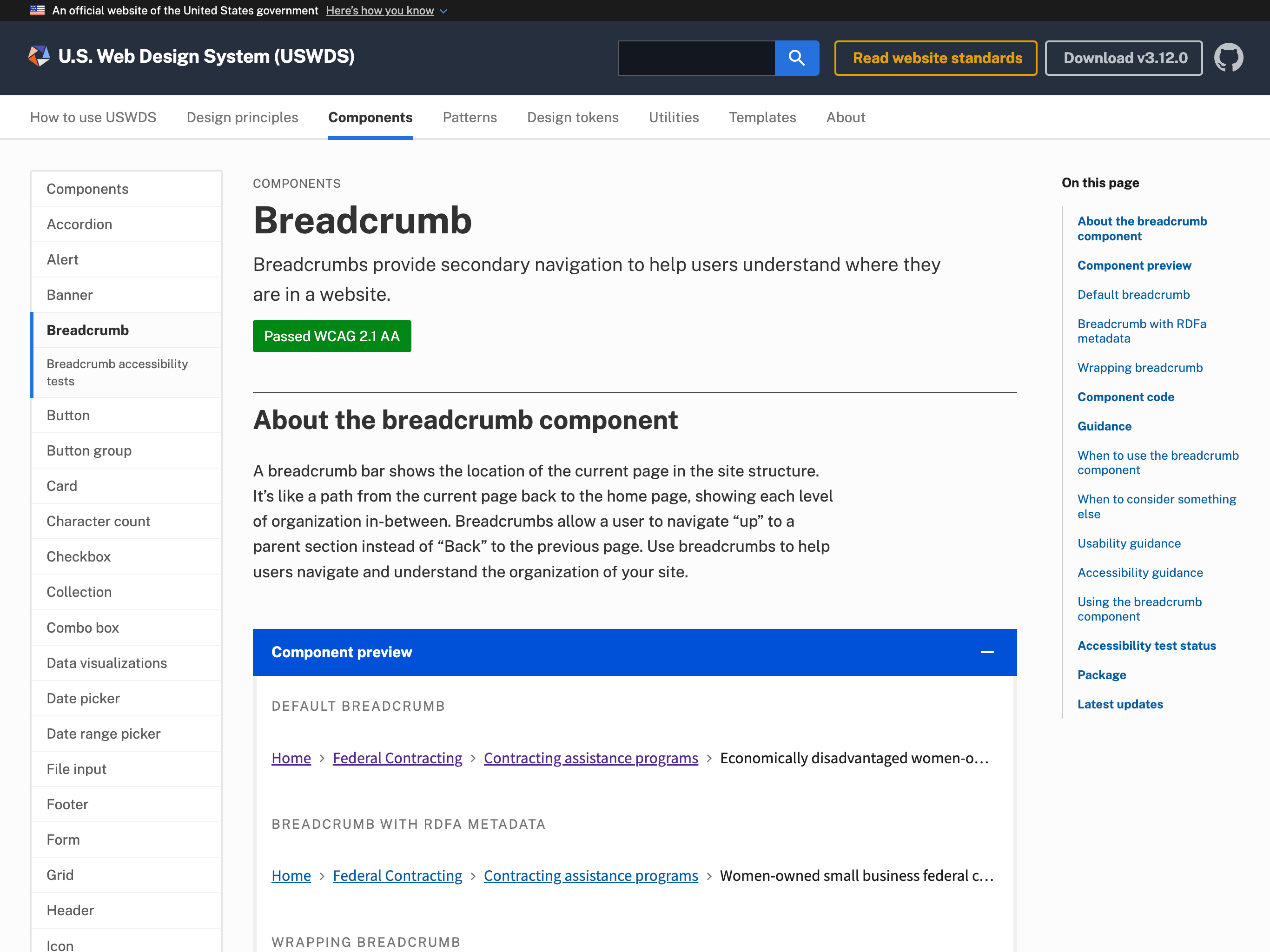 USWDS Breadcrumb component